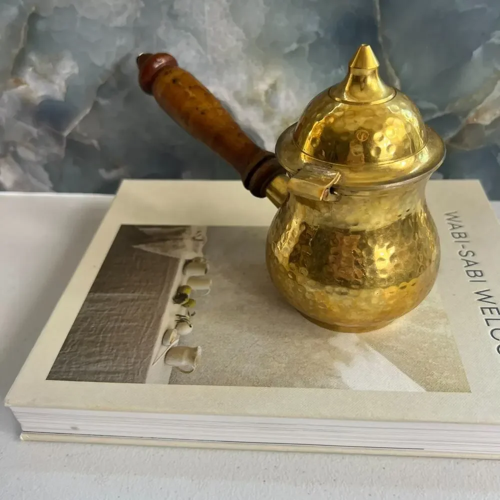 Alpine Cuisine Coffee Pot Wood Handle Aramco Imports Hammered Brass